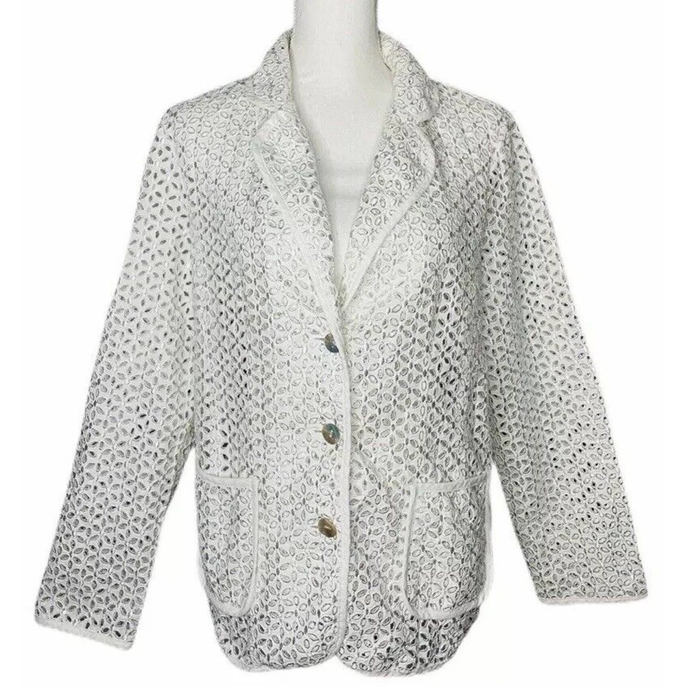 Susan Graver Style Jacket‎ Blazer White Eyelet Embroidered Linen Cotton Size L